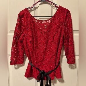 Alex Evenings Red Lace Blouse with Black Ribbon